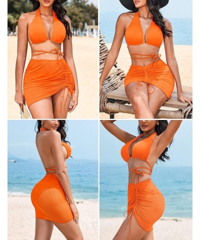 2 Pieces Women Beach Sheer Cover Ups Mesh Bikini Wrap Ruched Skirt for Swimwear S-XXL Black + Orange $12.25 Swimsuits