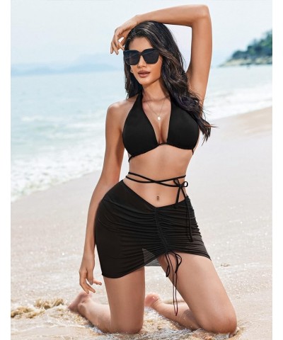 2 Pieces Women Beach Sheer Cover Ups Mesh Bikini Wrap Ruched Skirt for Swimwear S-XXL Black + Orange $12.25 Swimsuits