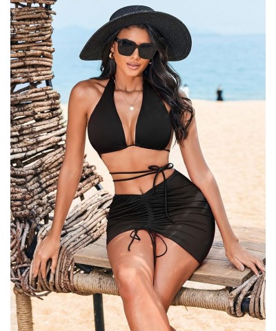 2 Pieces Women Beach Sheer Cover Ups Mesh Bikini Wrap Ruched Skirt for Swimwear S-XXL Black + Orange $12.25 Swimsuits