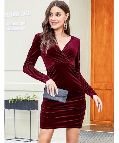 Women Wrap Velvet Party Dress V Neck Long Sleeve Sexy Cocktail Ruched Bodycon Mini Dress Wine Red $10.92 Dresses