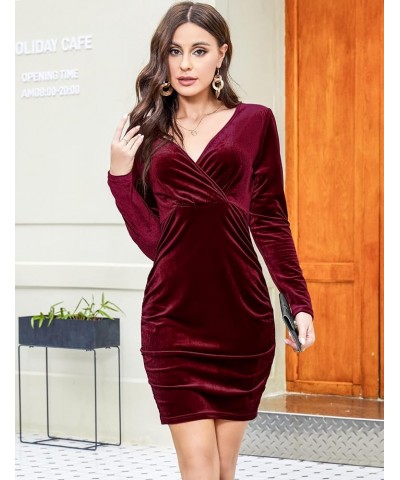 Women Wrap Velvet Party Dress V Neck Long Sleeve Sexy Cocktail Ruched Bodycon Mini Dress Wine Red $10.92 Dresses