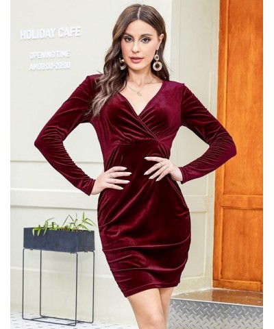 Women Wrap Velvet Party Dress V Neck Long Sleeve Sexy Cocktail Ruched Bodycon Mini Dress Wine Red $10.92 Dresses