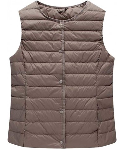 Women's Collarless Lightweight Gilet Quilted Zip Vest Khaki $26.51 Jackets