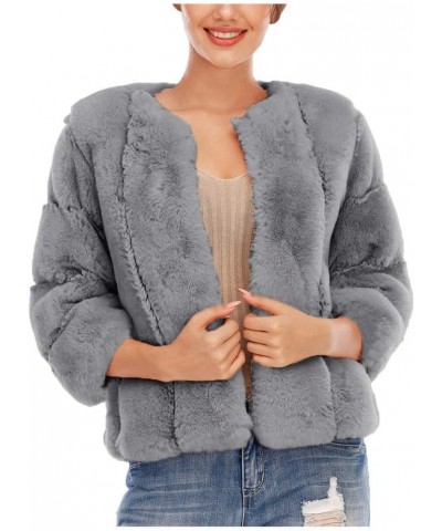 Women Fluffy Faux Fur Coat Thickened Warm Cropped Jacket Fashion Fuzzy Teddy Jackets Lapel Long Sleeve Winter Coats E-gray $3...