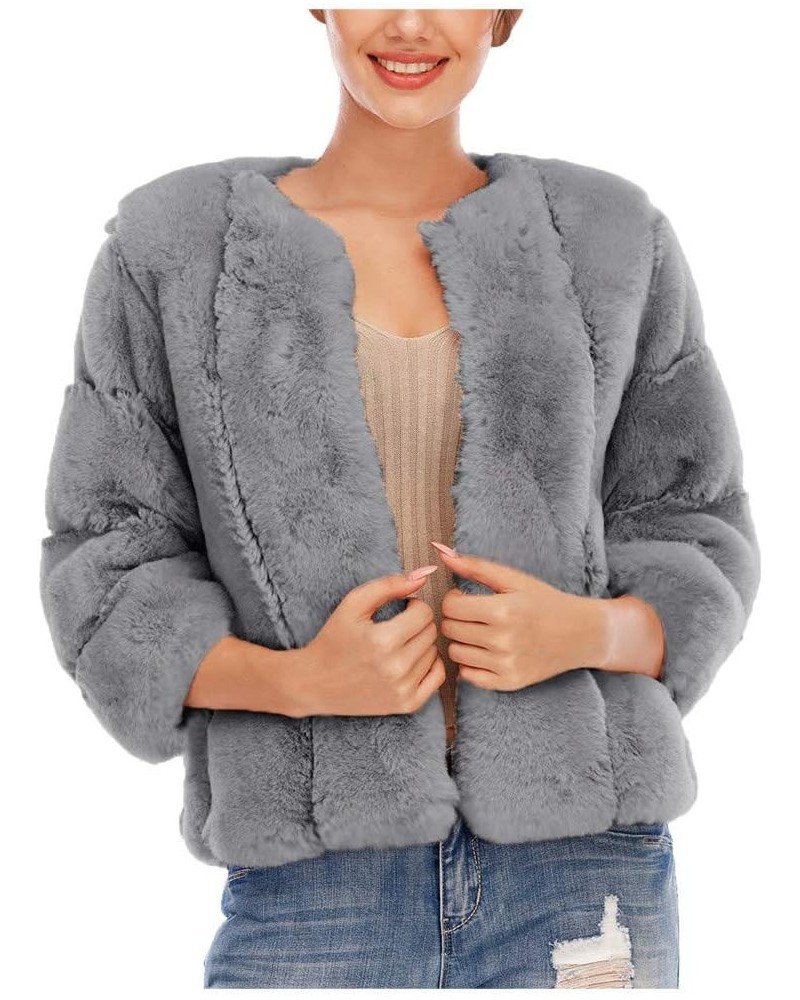 Women Fluffy Faux Fur Coat Thickened Warm Cropped Jacket Fashion Fuzzy Teddy Jackets Lapel Long Sleeve Winter Coats E-gray $3...