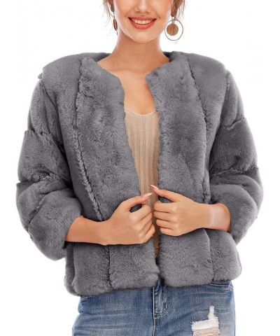 Women Fluffy Faux Fur Coat Thickened Warm Cropped Jacket Fashion Fuzzy Teddy Jackets Lapel Long Sleeve Winter Coats E-gray $3...