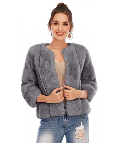 Women Fluffy Faux Fur Coat Thickened Warm Cropped Jacket Fashion Fuzzy Teddy Jackets Lapel Long Sleeve Winter Coats E-gray $3...