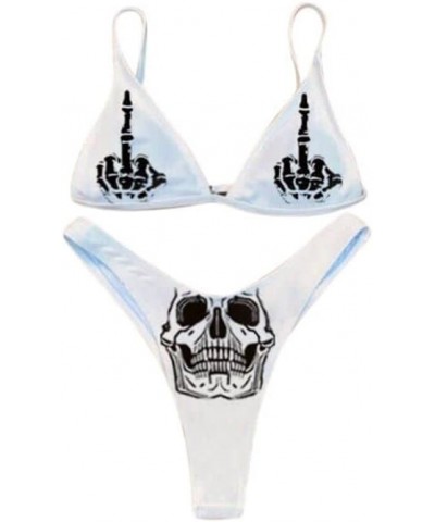 Women's Skull Letter Printed Two Piece Swimsuit High Cut Triangle Bikini Set for Party Festival Halloween White B $13.68 Swim...