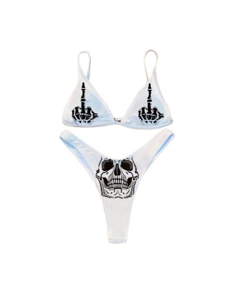 Women's Skull Letter Printed Two Piece Swimsuit High Cut Triangle Bikini Set for Party Festival Halloween White B $13.68 Swim...