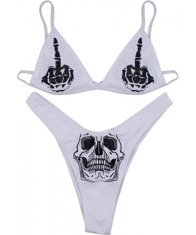 Women's Skull Letter Printed Two Piece Swimsuit High Cut Triangle Bikini Set for Party Festival Halloween White B $13.68 Swim...