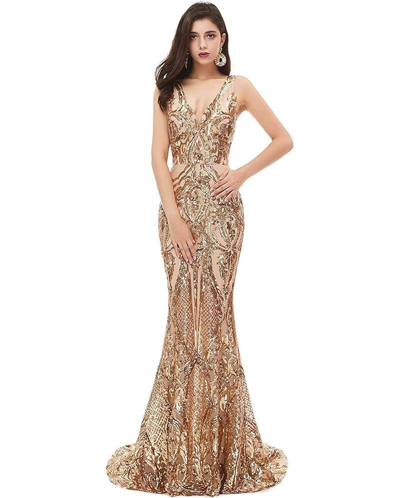 Women's V-Neck Sequins Mermaid Prom Evening Party Dress Sleeveless Lace-up Celebrity Pageant Gown Gold 3 $55.69 Dresses