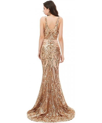 Women's V-Neck Sequins Mermaid Prom Evening Party Dress Sleeveless Lace-up Celebrity Pageant Gown Gold 3 $55.69 Dresses