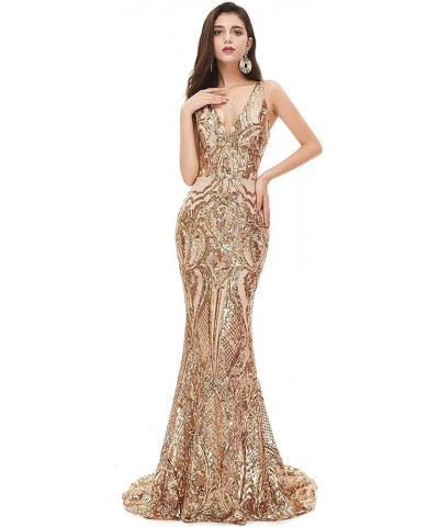 Women's V-Neck Sequins Mermaid Prom Evening Party Dress Sleeveless Lace-up Celebrity Pageant Gown Gold 3 $55.69 Dresses