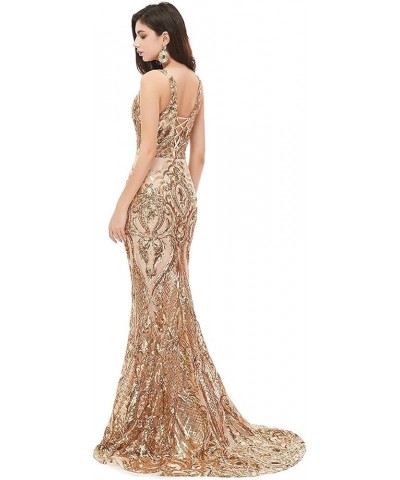 Women's V-Neck Sequins Mermaid Prom Evening Party Dress Sleeveless Lace-up Celebrity Pageant Gown Gold 3 $55.69 Dresses