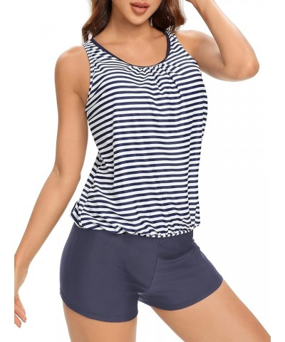 Tankini Swimsuits for Women Modest Bathing Suits Two Pieces Tummy Control Tank Tops with Boyshorts Blue Striped $17.52 Swimsuits