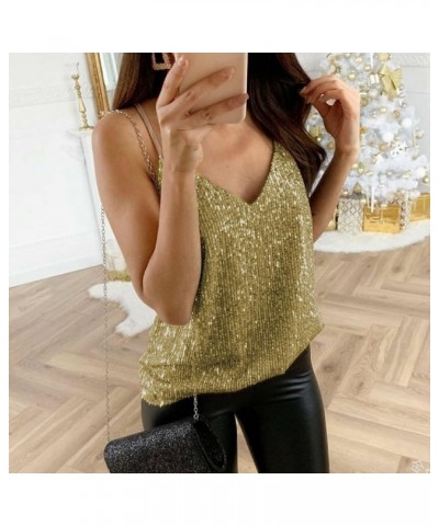 Womens Tank Tops Casual Fashion V Neck Strappy Sequin Camisole Sleeveless Tanks Tops Gold-c $8.11 Tops