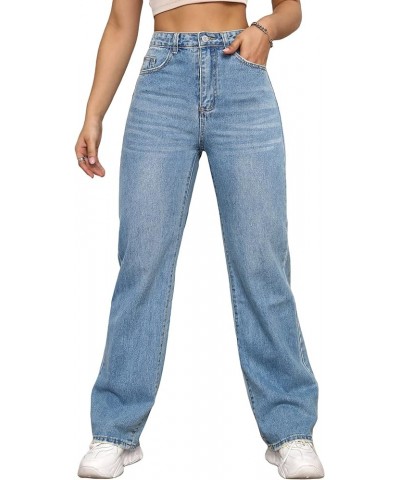 Women's Button Pocket Front Denim Trousers Zipper Fly High Waist Straight Leg Jeans Light Wash $20.66 Jeans