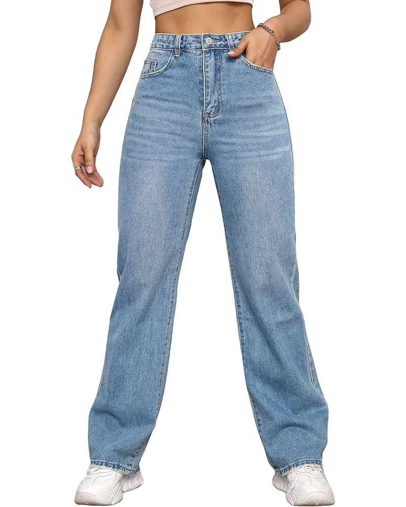 Women's Button Pocket Front Denim Trousers Zipper Fly High Waist Straight Leg Jeans Light Wash $20.66 Jeans