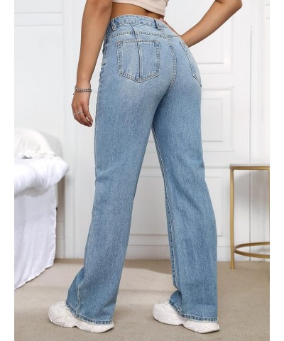 Women's Button Pocket Front Denim Trousers Zipper Fly High Waist Straight Leg Jeans Light Wash $20.66 Jeans