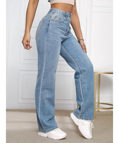 Women's Button Pocket Front Denim Trousers Zipper Fly High Waist Straight Leg Jeans Light Wash $20.66 Jeans