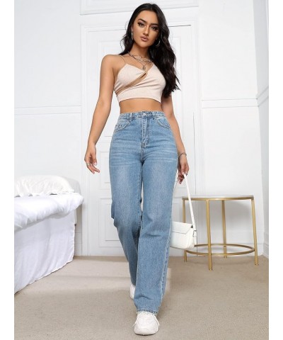 Women's Button Pocket Front Denim Trousers Zipper Fly High Waist Straight Leg Jeans Light Wash $20.66 Jeans