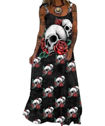 Women Summer Skull Printed Punk Dress, Sleeveless Maxi Dress Casual Party Long Dress Red $14.60 Dresses