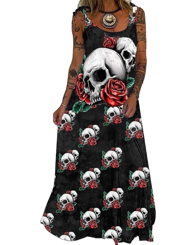 Women Summer Skull Printed Punk Dress, Sleeveless Maxi Dress Casual Party Long Dress Red $14.60 Dresses