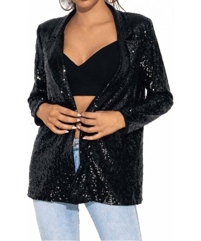 Casual Sequin Women Blazer Open Front Long Sleeve Jacket Blazer Lapel Work Office Loose Jacket Sparky Cocktail Cardigan Black...