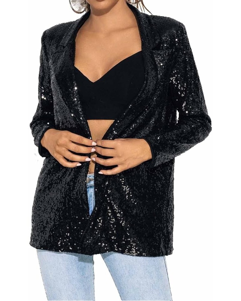 Casual Sequin Women Blazer Open Front Long Sleeve Jacket Blazer Lapel Work Office Loose Jacket Sparky Cocktail Cardigan Black...