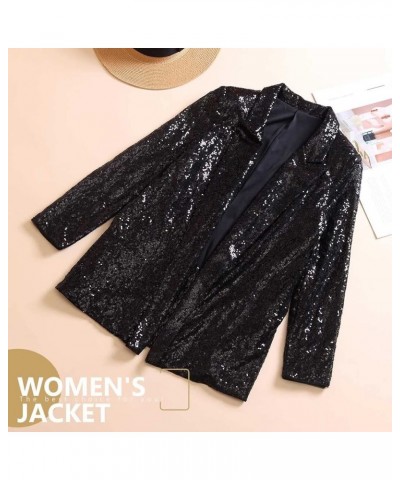 Casual Sequin Women Blazer Open Front Long Sleeve Jacket Blazer Lapel Work Office Loose Jacket Sparky Cocktail Cardigan Black...