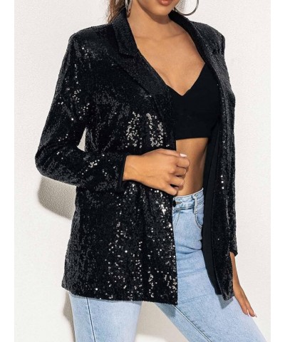 Casual Sequin Women Blazer Open Front Long Sleeve Jacket Blazer Lapel Work Office Loose Jacket Sparky Cocktail Cardigan Black...