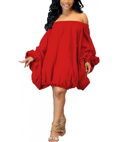 Women Summer Bubble Midi Dress Lantern Sleeve Solid Color Short Dress Clubwear Off Shoulder-red $11.28 Dresses