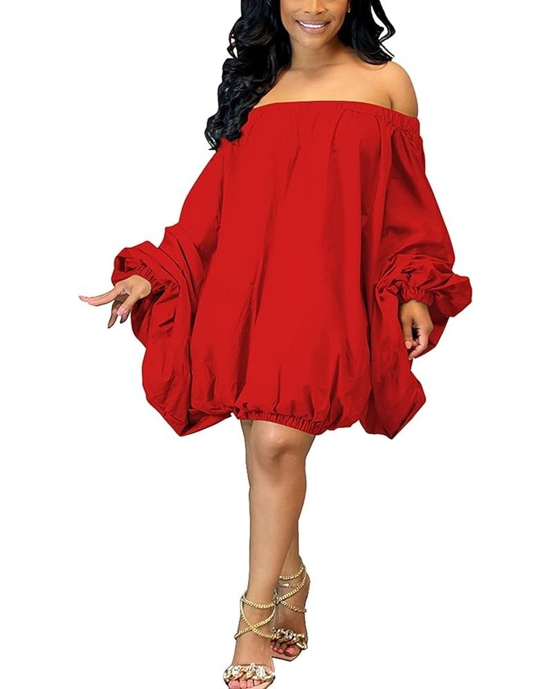 Women Summer Bubble Midi Dress Lantern Sleeve Solid Color Short Dress Clubwear Off Shoulder-red $11.28 Dresses