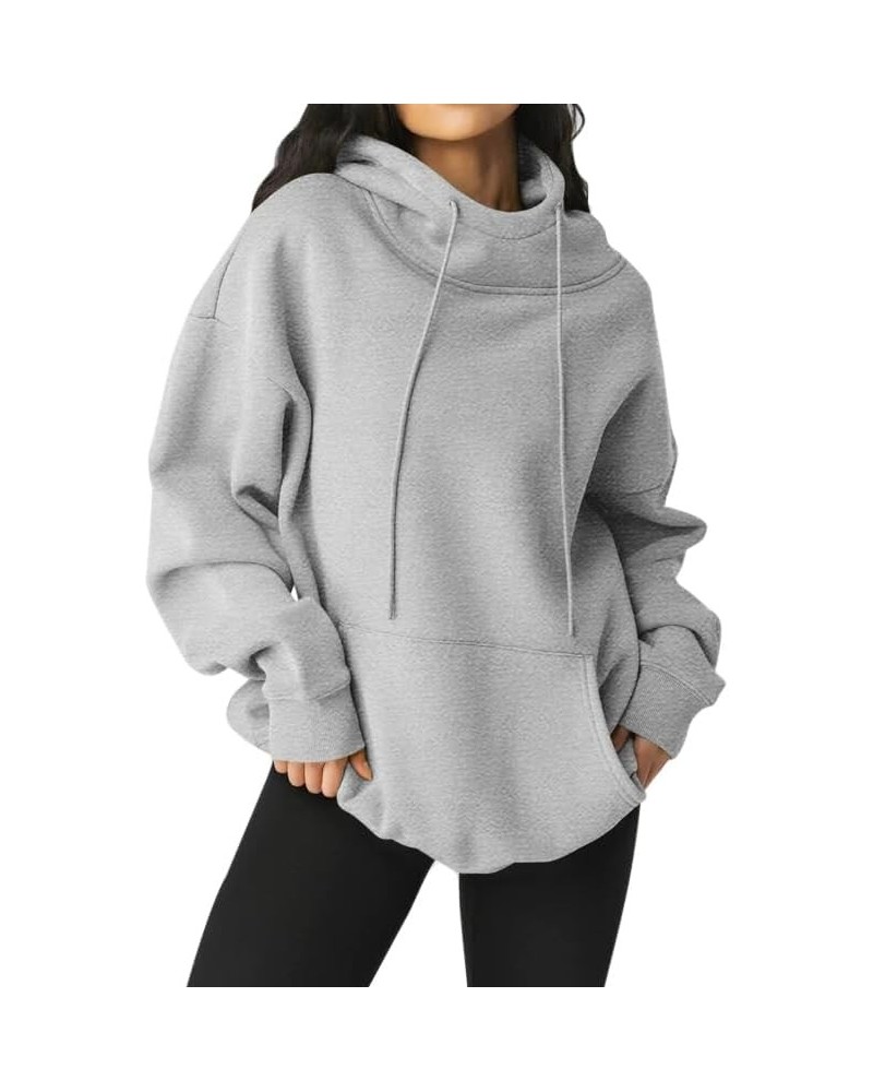 Women's Hoodie Funnel Neck Sweatshirt for Fall Cozy Lightweight Loose Oversize Tunic Winter with Kangaroo Pocket Light Grey $...