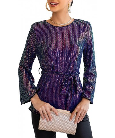 Sequin Tops for Women 3/4 Bell Sleeve V-Neck Cut-Out Shiny Metallic Sparkly Glitter Party Tops Blouse Purple (Long Sleeve) $1...