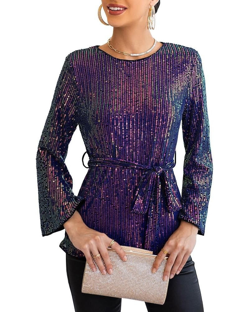 Sequin Tops for Women 3/4 Bell Sleeve V-Neck Cut-Out Shiny Metallic Sparkly Glitter Party Tops Blouse Purple (Long Sleeve) $1...