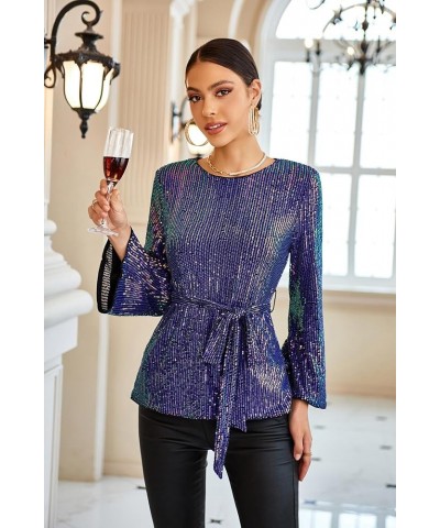 Sequin Tops for Women 3/4 Bell Sleeve V-Neck Cut-Out Shiny Metallic Sparkly Glitter Party Tops Blouse Purple (Long Sleeve) $1...