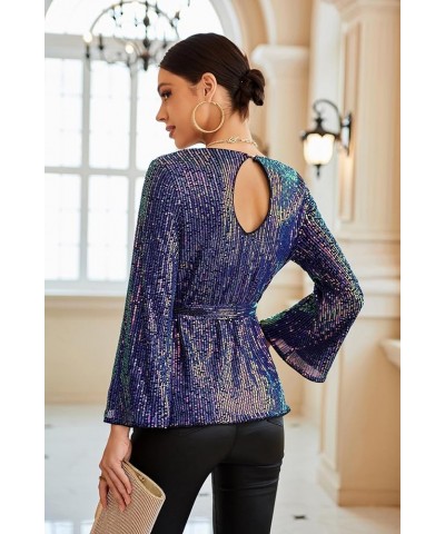 Sequin Tops for Women 3/4 Bell Sleeve V-Neck Cut-Out Shiny Metallic Sparkly Glitter Party Tops Blouse Purple (Long Sleeve) $1...