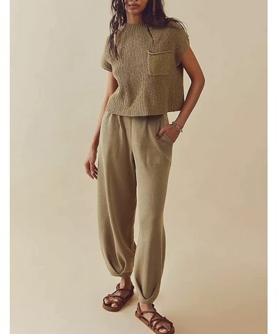 Women Two Piece Outfits Sweater Set Sleeveless Sweater Vest Pullover Knit Top And High Waisted Pants Lounge Sets Brown $28.07...