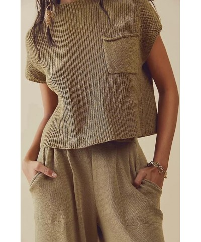 Women Two Piece Outfits Sweater Set Sleeveless Sweater Vest Pullover Knit Top And High Waisted Pants Lounge Sets Brown $28.07...