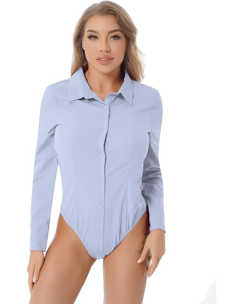 Women's Long Sleeve Button Down Shirts Bodysuit Career Top Blouse Light Blue $12.27 Blouses