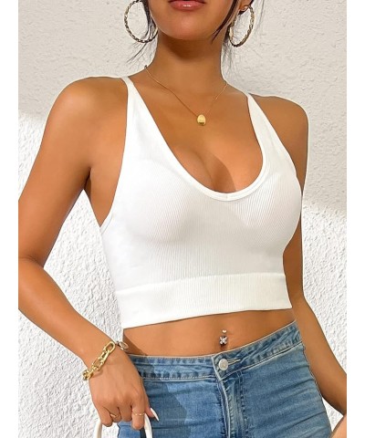 Women's Deep V Neck Cropped Tank Top Adjustable Checkered Basic Seamless Crop Top White Hotpink Green $12.25 Tanks