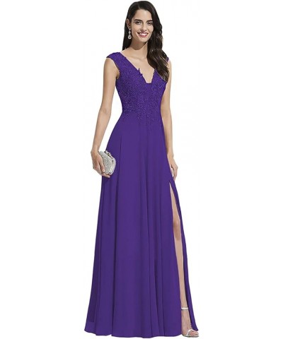 V Neck Bridesmaid Dresses for Women Lace Appliques A Line Chiffon Long Formal Gowns Dress with Slit Purple $36.96 Dresses