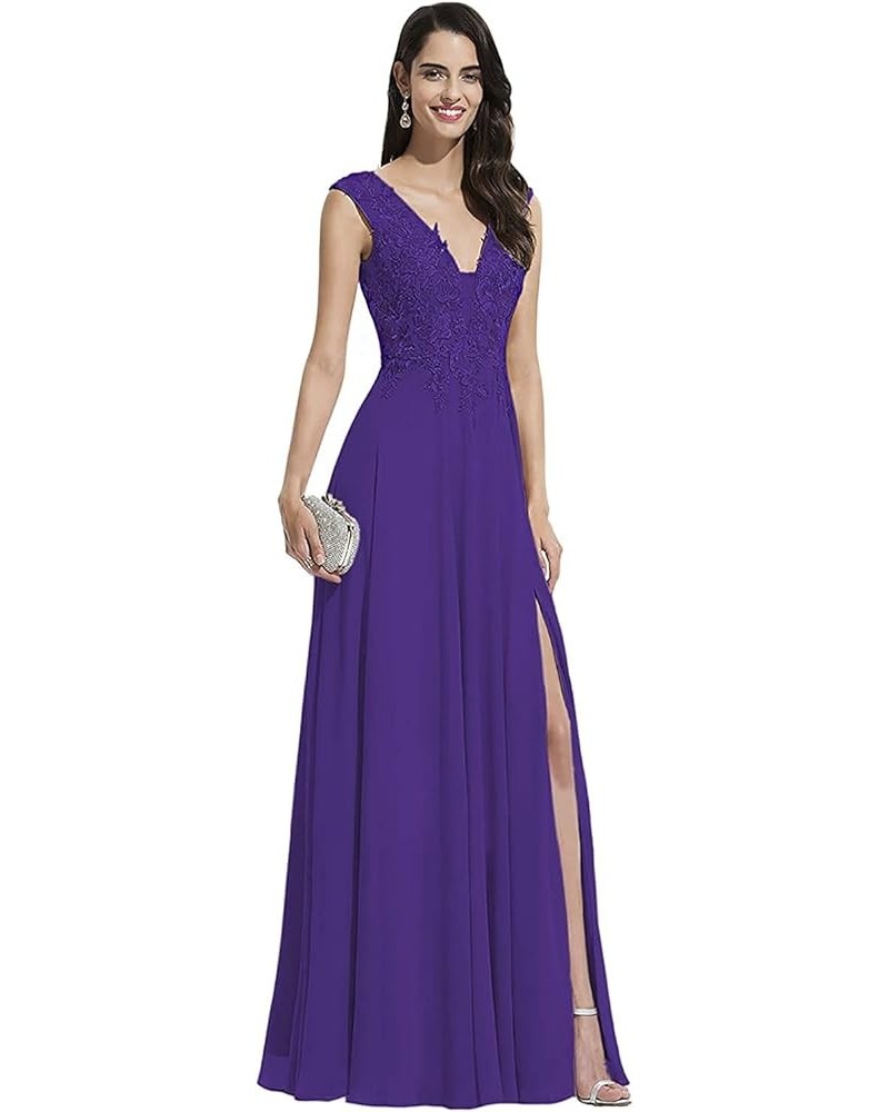 V Neck Bridesmaid Dresses for Women Lace Appliques A Line Chiffon Long Formal Gowns Dress with Slit Purple $36.96 Dresses