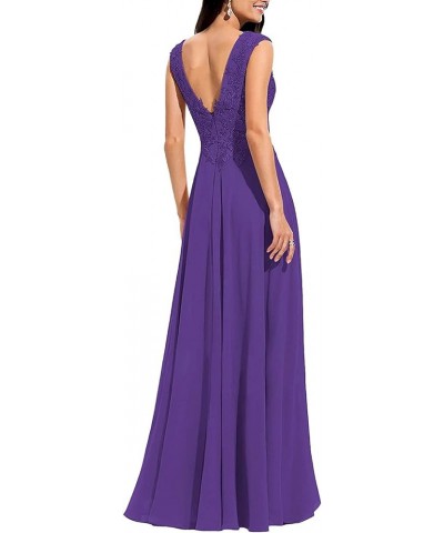 V Neck Bridesmaid Dresses for Women Lace Appliques A Line Chiffon Long Formal Gowns Dress with Slit Purple $36.96 Dresses