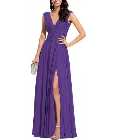 V Neck Bridesmaid Dresses for Women Lace Appliques A Line Chiffon Long Formal Gowns Dress with Slit Purple $36.96 Dresses