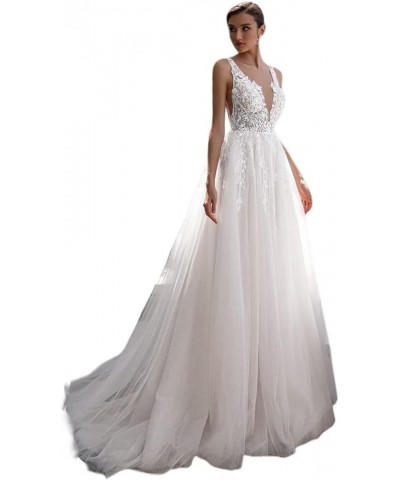 Long Wedding Dresses for Bride 2022 A-line Tulle Lace Appliques Formal Gown with Train 16-white $42.24 Dresses