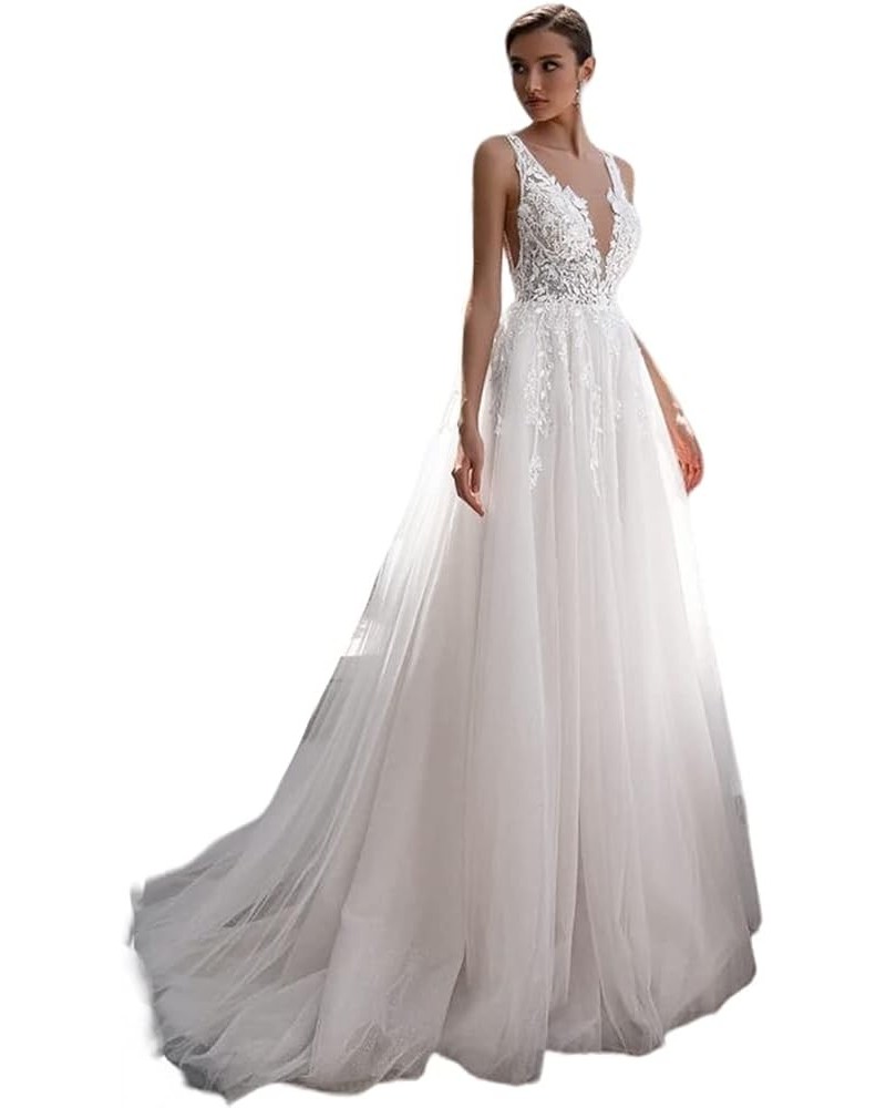 Long Wedding Dresses for Bride 2022 A-line Tulle Lace Appliques Formal Gown with Train 16-white $42.24 Dresses