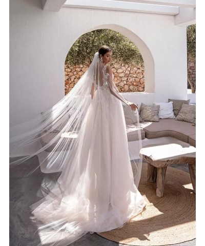 Long Wedding Dresses for Bride 2022 A-line Tulle Lace Appliques Formal Gown with Train 16-white $42.24 Dresses