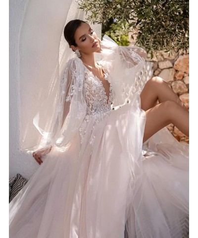 Long Wedding Dresses for Bride 2022 A-line Tulle Lace Appliques Formal Gown with Train 16-white $42.24 Dresses